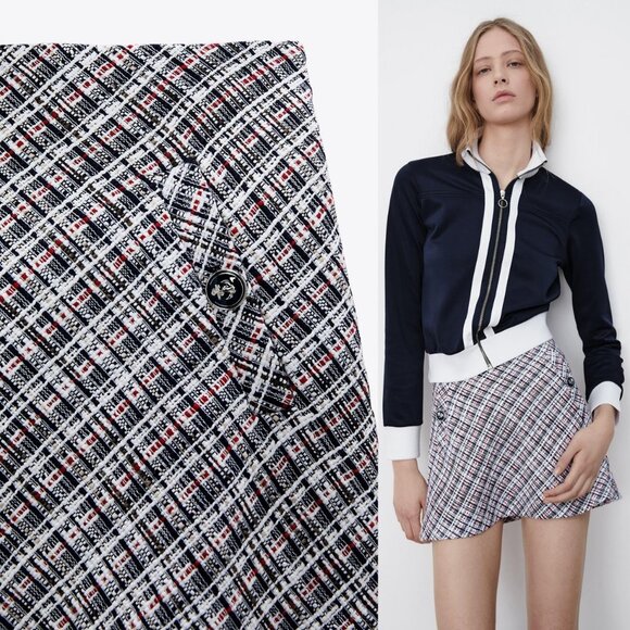 NEW Zara Tweed Textured Weave Nautical Anchor Button High Waist Mini Skirt S - Picture 10 of 10